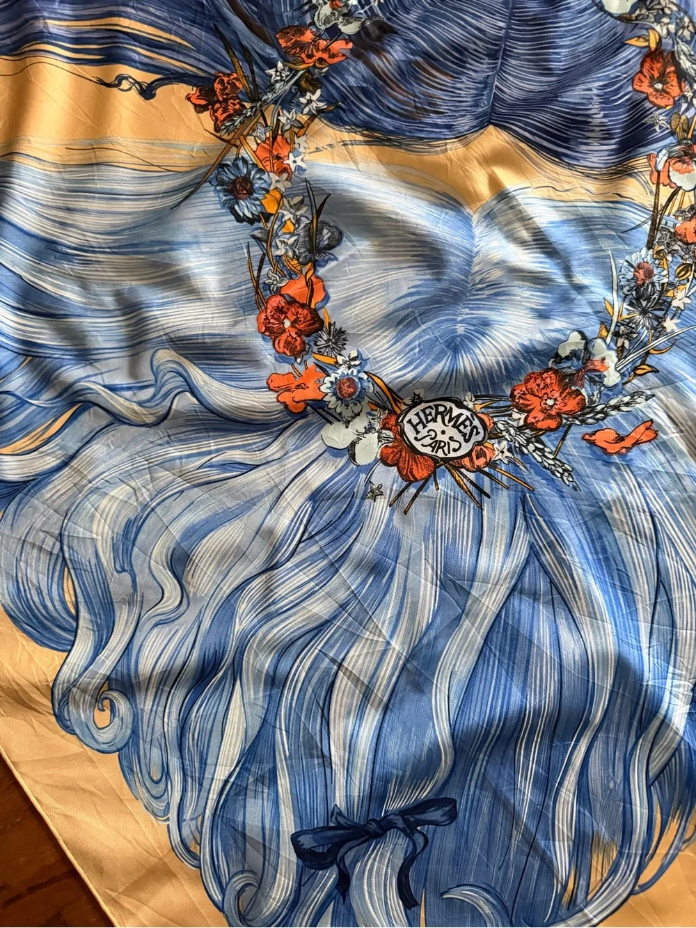 Hermès Eva Blue Floral Goddess Silk Scarf.